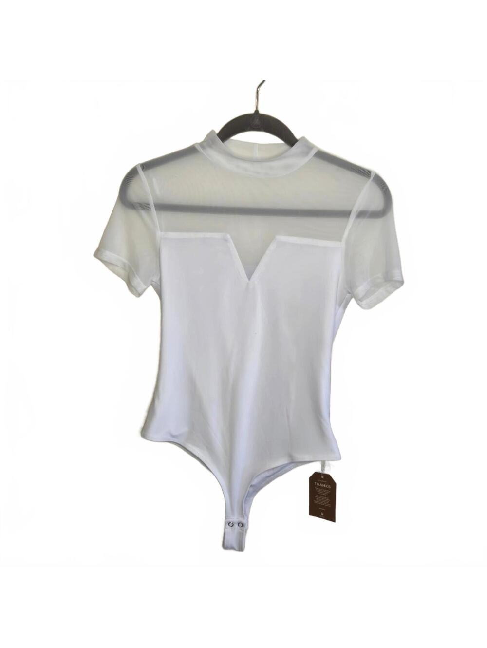 Reoria Women's White Mesh Bodysuit Top Medium